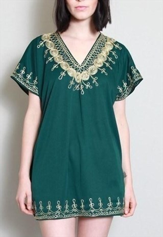VINTAGE 1990'S EMERALD GREEN AND GOLD EMBROIDERED BOHO TUNIC