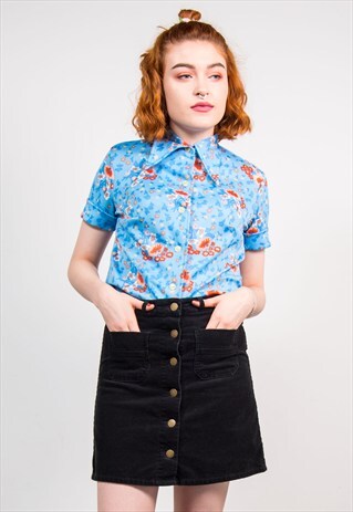 70'S VINTAGE BLUE FLORAL PATTERN BLOUSE SHIRT