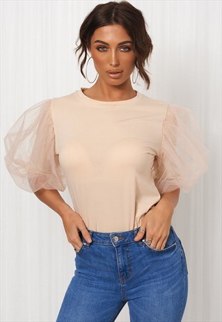 BEIGE ORGANZA PUFF SLEEVE T-SHIRT