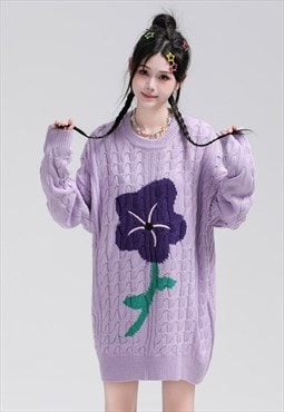 Flower print sweater cable knitted floral jumper skater top