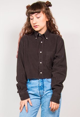 VINTAGE 90'S DARK BROWN CORD CROPPED LONG SLEEVE SHIRT