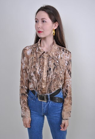 ABSTRACT PRINT BROWN RUFFLED BLOUSE, VINTAGE PARTY SHIRT