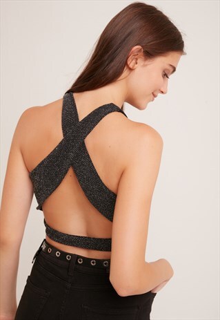 SUBDUED LUREX BACK CRISS-CROSS TOP