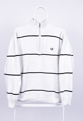 VINTAGE FRED PERRY SWEATSHIRT STRIPED 1/4 ZIP WHITE MEDIUM