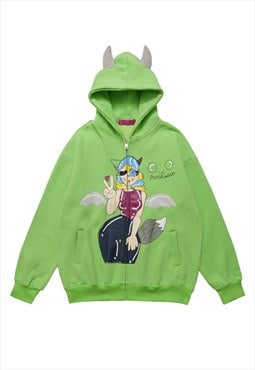 Retro cartoon hoodie anime pullover devil horn jumper green
