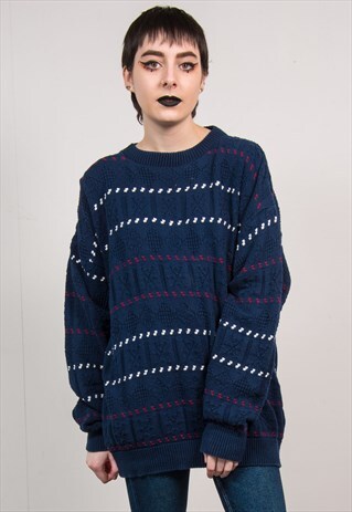 VINTAGE 90'S NAVY BLUE KNIT STRIPED PATTERN GRUNGE JUMPER