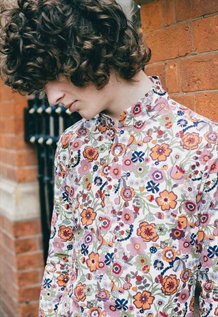 MENS WHITE PSYCHEDELIC STRAWBERRY FIELDS KAFTAN SHIRT