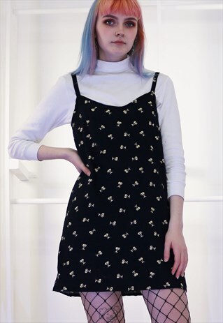 NAVY CORDUROY SLIP DRESS WITH CHERRY PRINT