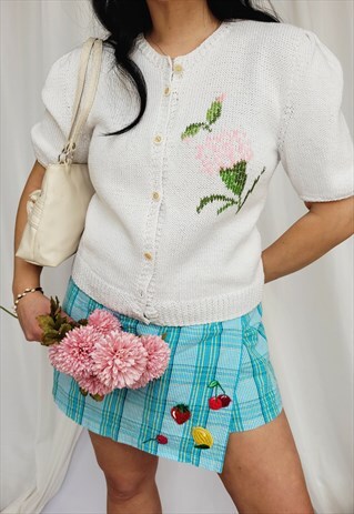 80s minimalist handmade flower cable knit white blouse top