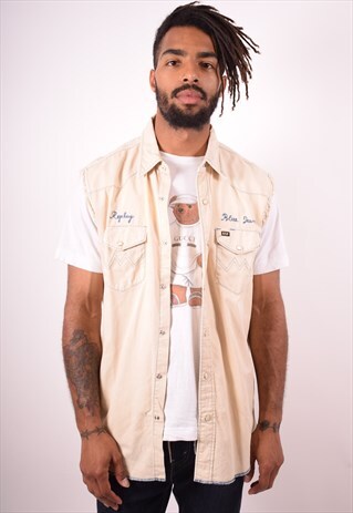 REPLAY MENS VINTAGE SHIRT SLEEVELESS XL BEIGE 90S