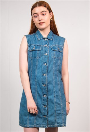 VINTAGE 90'S BLUE DENIM SLEEVELESS MINI SHIRT DRESS