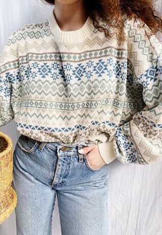 VINTAGE 80S ABSTRACT FAIR ISLE KNIT JUMPER SWEATER PULLOVER