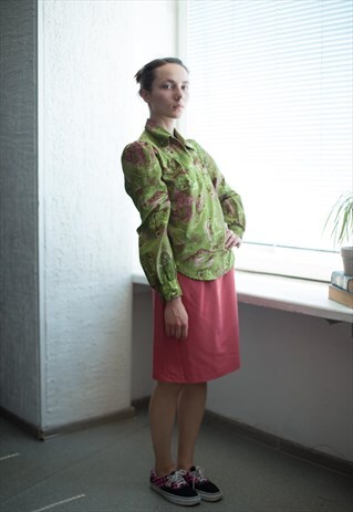 VINTAGE 70'S GREEN PATTERNED LONG SLEEVED BLOUSE