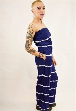 VINTAGE 90S NAVY TIE-DYE BANDEAU JUMPSUIT W/WIDE LEG