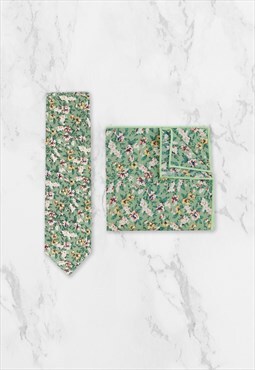 green cotton floral wedding tie & pocket square set