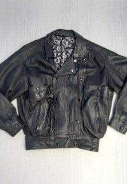 90's Vintage Leather Jacket Biker Black