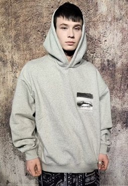 Creepy eye hoodie drop shoulder Halloween pullover in grey