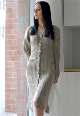 Button Through Ribbed Knit Dress