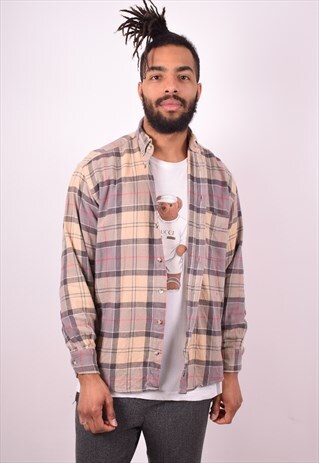 BARBOUR MENS VINTAGE FLANNEL SHIRT SMALL BEIGE CHECK 90S