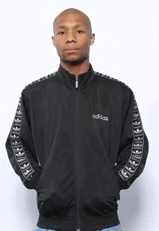 VINTAGE ADIDAS TAPE LOGO TRACK JACKET TOP BLACK