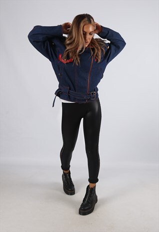 VINTAGE DENIM JACKET LEATHER DETAILS SHORT UK 12 (B4N)