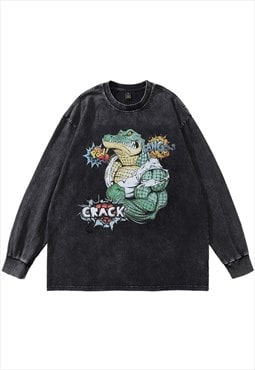 Crocodile print t-shirt vintage wash top cartoon long tee