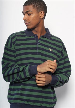 VINTAGE LACOSTE STRIPED LOGO LONG SLEEVED POLO SHIRT BLUE