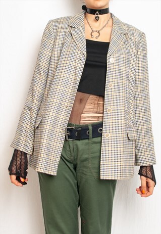 VINTAGE OVERSIZED BLAZER 80S PREPPY PLAID JACKET IN BEIGE