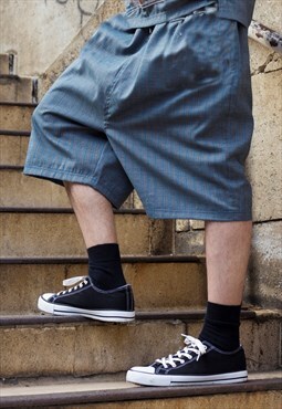 Blue Retro Striped Premium Wool oversize drop crotch shorts