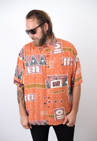 VINTAGE 90S ORANGE ABSTRACT AZTEC SHORT SLEEVE SHIRT