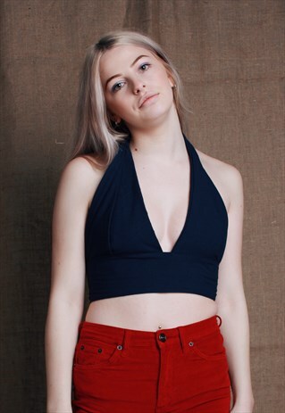 DARK BLUE LINEN HALTERNECK