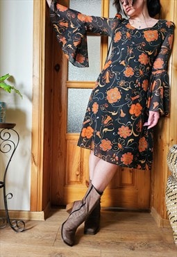 70s black & orange floral minimalist flare sleeve midi dress