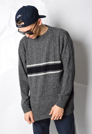 VINTAGE 90S OVERSIZED GREY KNIT STRIPED GRUNGE JUMPER