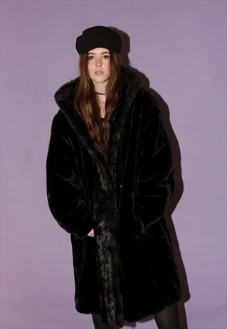 BLACK HOODED FAUX FUR COAT