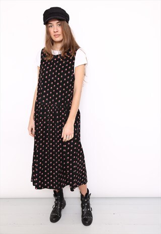VINTAGE 90S BLACK ROSE FLORAL CORD PINAFORE DRESS