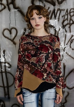 Vintage Y2K floral asymmetric angel sleeve top in brown&red