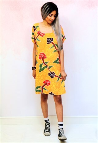 1990S VINTAGE ORANGE FLORAL PATTERNED SUMMER DRESS
