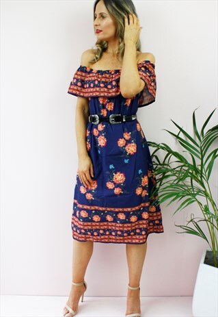 FLORAL OFF SHOULDER BARDOT FRILL RUFFLE A LINE MIDI DRESS