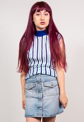 VINTAGE 70'S BLUE STRIPED PATTERN KNIT TURTLE NECK VEST TOP