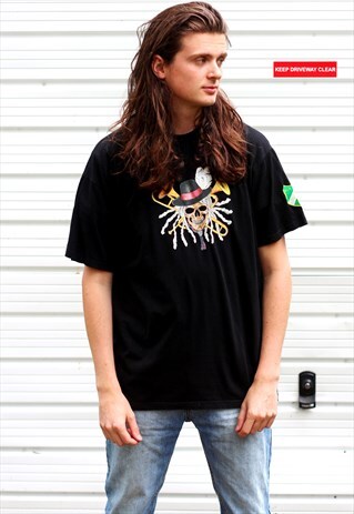 1990'S VINTAGE BLACK GRAPHIC MAMBO SKULL PRINT T-SHIRT