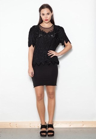 VINTAGE 80'S BLACK HEAVY SEQUIN ENCRUSTED SILK TOP