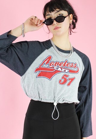 REWORKED CROP TOP IN GREY WITH LOVELESS PRINT LONG SLEEVED