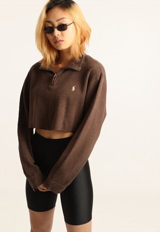 VINTAGE RALPH LAUREN EMBROIDERED LOGO CROPPED 1/4 SWEATSHIRT