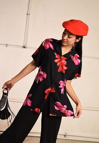 90'S RETRO FLORAL PRINT PARIS CHIC BLOUSE TOP