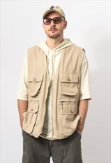 Vintage cargo vest in beige 90's utility top men size XL