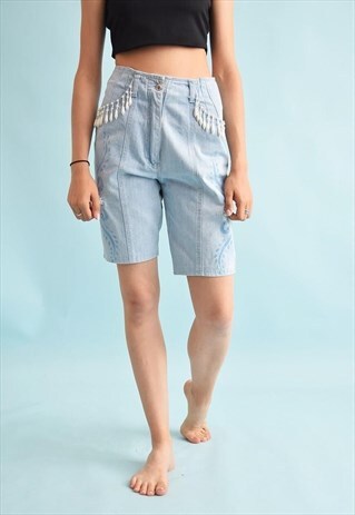 90'S RETRO HIGH WAIST BEADED DENIM SHORTS