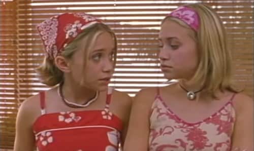 Mary Kate and Ashley in floral outfits and hair bandanas