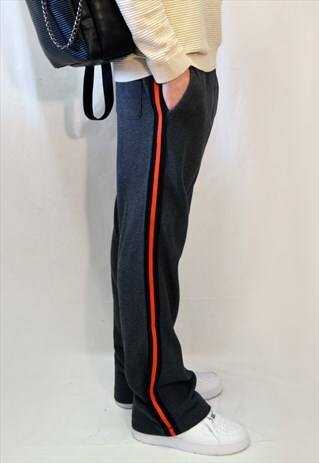 COTTON FLEECE TRACK PANTS JOGGERS WITH RED STRIPE (GREY)