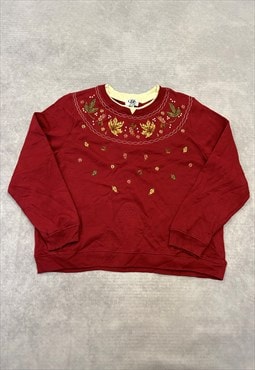 Vintage Sweatshirt Embroidered Leaves Patterned Jumper
