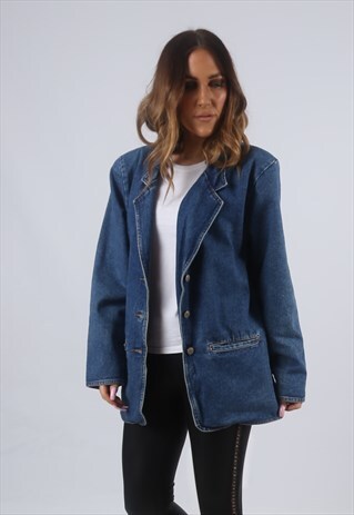 VINTAGE DENIM BLAZER JACKET OVERSIZED LONGLINE UK 12 M (HKJA